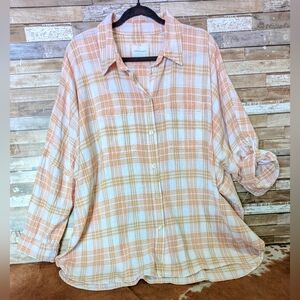 American Eagle Oversized Peach Plaid Button Down Shirt